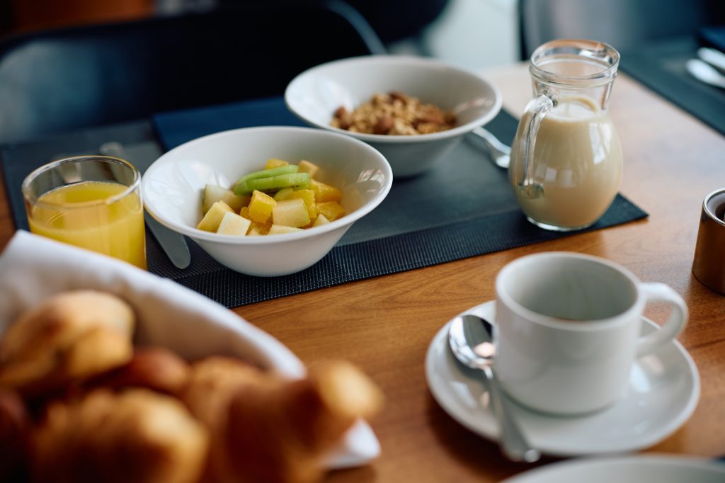 Healthy food for breakfast at dining table in a hotel.